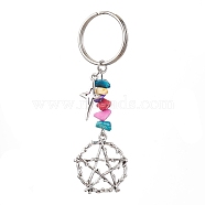 Tibetan Style Alloy Keychain, with Dyed Synthetic Turquoise Beads Strands, Iron Split Key Rings, Star, Star, 8.1cm, Star: 54x25.5x7mm(KEYC-JKC00708-03)