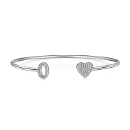 Heart & Letter Rhodium Plated 925 Sterling Silver Micro Pave Cubic Zirconia Cuff Bangles for Women, Letter O, 0.2~0.8cm, Inner Diameter: 1-7/8x2-1/4 inch(4.85x5.65cm) (BJEW-C062-01O-P)