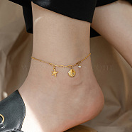 316L Surgical Stainless Steel Charm Anklets for Women, Golden, Shell Shape, 7-1/2 inch(190mm)(FS-WG47470-01)