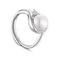 SHEGRACE Rhodium Plated 925 Sterling Silver Finger Ring, Micro Pave AAA Cubic Zirconia Inclined Drop with Freshwater Pearl, Platinum, White, 18mm(JR442A)