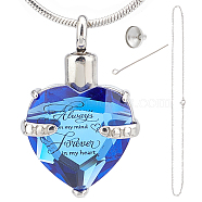 CREATCABIN September Glass Urn Pendant Necklace DIY Making Kit, Including 1Pc Heart Glass Urn Pendant with Always On My Mind Forever In My Heart, 1Pc 304 Stainless Steel Women Chain Necklaces, 1 set Stainless Steel Mini Funnel, Blue, Pendant: 33x21.5x11.5mm, Hole: 5mm(DIY-CN0001-82D)