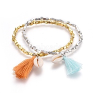 Brass Beads Stretch Bracelets, with Cotton Thread Tassel Pendant and Cowrie Shell, Mixed Color, 2-1/4 inch(5.8cm), 2pcs/set(BJEW-JB04056)