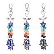 3Pcs Natural & Synthetic Gemstone Chips Cluster Pendant Decoration, Hamsa Hand with Evil Eye & Butterfly, Platinum, 135mm, 3pcs/box(HJEW-CA0001-35)