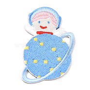 Computerized Embroidery Cloth Self Adhesive Patches, Stick On Patch, Costume Accessories, Appliques, Planet and Girl, Light Sky Blue, 65x50x1.5mm(DIY-G031-02B)