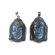 Natural Labradorite Carved Pendants, Buddha Head Charms with Platinum Plated Rack Plating Brass Snap on Bails, 34.5x21x11.5mm, Hole: 5x4mm(G-B085-13P)