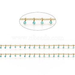 Brass Handmade Beaded Chain, Curb Chains, with Enamel, Long-Lasting Plated, Real 18K Gold Plated Unwelded, with Spool, Turquoise, 2x1.5x0.8mm, Charm: 6x2x2mm, about 32.8 Feet(10m)/roll(CHC-G011-07G-07)