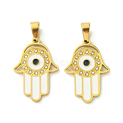 Ion Plating(IP) 304 Stainless Steel Pendants, with Enamel and Rhinestone, Real 18K Gold Plated, Hamsa Hand with Evil Eye Charm, White, 28x19x2mm, Hole: 6.5x4mm(STAS-C101-02G)