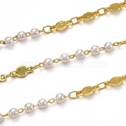 3.28 Feet Handmade Brass Link Chains, with Acrylic Imitation Pearl, Long-Lasting Plated, Soldered, Golden, Links: 8x4x0.6mm, Acrylic Pearl: 3.9x3.2mm(X-CHC-L039-28G)