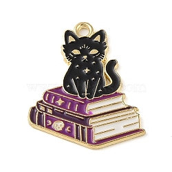 Halloween Alloy Eanaml Pendants, Golden, Magic Cat Charm, Book, 27x22x1.5mm, Hole: 2mm(X-PALLOY-S184-01G-A)