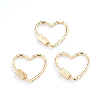 Brass Screw Carabiner Lock Charms, for Necklaces Making, Heart, Real 18K Gold Plated, 21.5x24x2mm, Screw: 7.5x4x4.5mm
