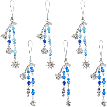 6Pcs 2 Styles Glass & Alloy Mobile Straps, Ocean Theme, Blue, 15.5~16.3cm, 3pcs/style