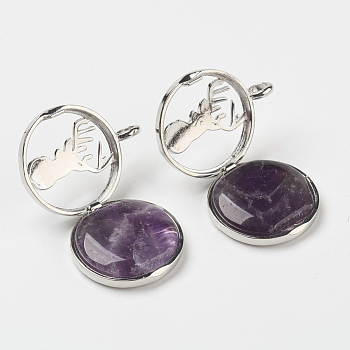 Natural Amethyst Pendants, with Brass Diffuser Locket Finding, Flat Round with Christmas Reindeer/Stag, 31x26x8mm, Hole: 4mm