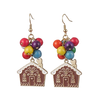 Alloy Enamel Dangle Earrings, with Synthetic Turquoise Round Beads and Brass Earring Hooks, House, Golden, 61x27mm