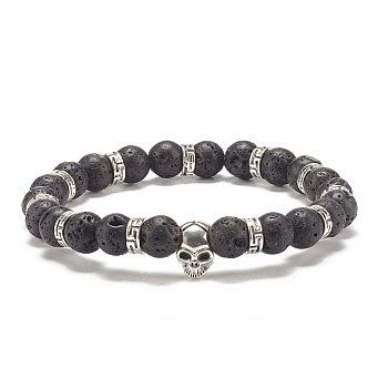 Natural Lava Rock Round Beaded Stretch Bracelet with Alloy Skull, Essential Oil Gemstone Jewelry for Women, Inner Diameter: 2-1/8~3-1/8 inch(5.3~7.9cm)