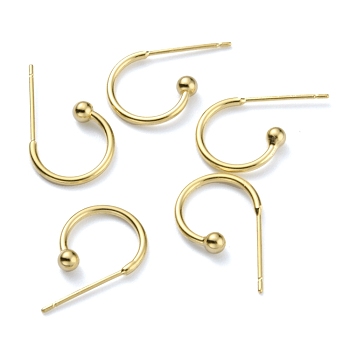 Brass C-shaped Hoop Circle Ball Stud Earrings, Real 24K Gold Plated, 18x11.5x3mm, Pin: 0.8mm