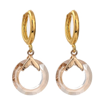 Brass Huggie Hoop Earring, with Glass Pendants, Ring, Golden, Bisque, 31mm, Pin: 1mm