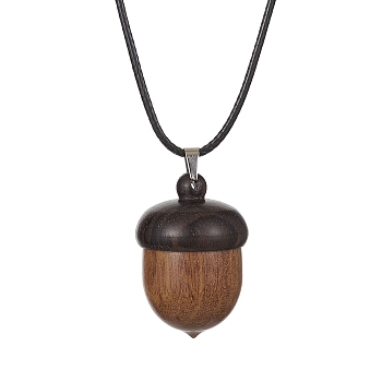 Acorn Shape Ebony Wood Locket Pendant Necklace with Wax Cords, Openable Storage Box Necklace for Women, Camel, 17.40 inch(44.2cm)