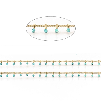 Brass Handmade Beaded Chain, Curb Chains, with Enamel, Long-Lasting Plated, Real 18K Gold Plated Unwelded, with Spool, Turquoise, 2x1.5x0.8mm, Charm: 6x2x2mm, about 32.8 Feet(10m)/roll
