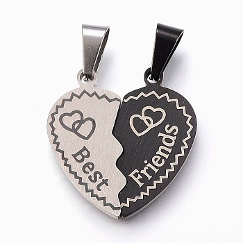 304 Stainless Steel Split Pendants, Heart with Word Best Friends, Gunmetal & Stainless Steel Color, 27.5x26.5x2.5mm, Hole: 5x10mm