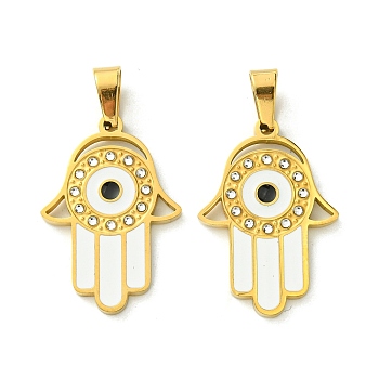 Ion Plating(IP) 304 Stainless Steel Pendants, with Enamel and Rhinestone, Real 18K Gold Plated, Hamsa Hand with Evil Eye Charm, White, 28x19x2mm, Hole: 6.5x4mm