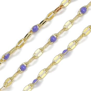 Rack Plating Brass Dapped Chains, with Enamel, with Spool, Soldered Lead Free & Cadmium Free, Real 18K Gold Plated, Mauve, 4x2x1mm