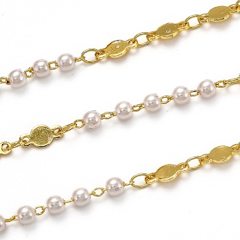 3.28 Feet Handmade Brass Link Chains, with Acrylic Imitation Pearl, Long-Lasting Plated, Soldered, Golden, Links: 8x4x0.6mm, Acrylic Pearl: 3.9x3.2mm