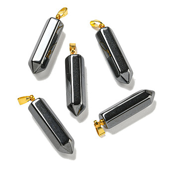 Natural Black Stone Hexagonal Prism Pointed Pendants, Faceted Bullet Charms with Golden Plated Brass Snap on Bails, 33x8x8mm, Hole: 6x2.5mm