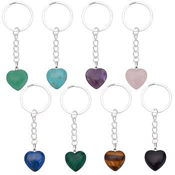 8Pcs Heart Gemstone Pendant Keychain, with Iron Findings, 8.3cm
