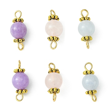 Natural Mixed Gemstone Connector Charms, Round Links with Antique Golden Tone Alloy Daisy Spacer Beads and 304 Stainless Steel Double Loops, Mixed Color, 15x6.5mm, Hole: 1.6mm and 1.8mm
