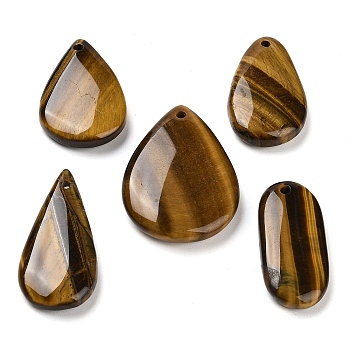 Natural Tiger Eye Pendants, Teardrop & Oval Charms, Mixed Shapes, 36~44x18.5~33x7.5~8.5mm, Hole: 2mm