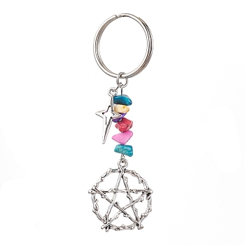 Tibetan Style Alloy Keychain, with Dyed Synthetic Turquoise Beads Strands, Iron Split Key Rings, Star, Star, 8.1cm, Star: 54x25.5x7mm