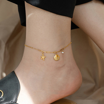 316L Surgical Stainless Steel Charm Anklets for Women, Golden, Shell Shape, 7-1/2 inch(190mm)