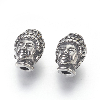 304 Stainless Steel Beads, Buddha's Head, Antique Silver, 10x13x9mm, Hole: 3mm