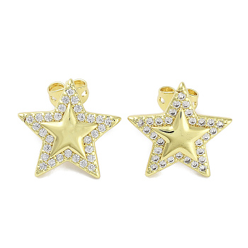 Star Brass Micro Pave Cubic Zirconia Stud Earrings for Women, Long-Lasting Plated, Cadmium Free & Lead Free, Real 18K Gold Plated, 16x16.5mm