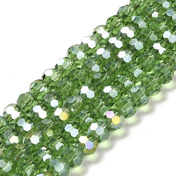 Transparent Glass Beads, 32 Facets, AB Color Plated, Round, Green, 8x7~7.5mm, Hole: 1.5mm, about 66pcs/strand, 18.82''~19.06''(47.8~48.4cm)