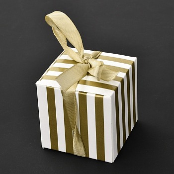 Square Foldable Creative Paper Gift Box, Stripe Pattern with Ribbon, Decorative Gift Box for Weddings, Dark Khaki, 55x55x55mm