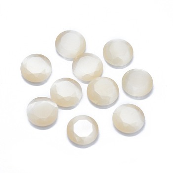Cat Eye Cabochons, Faceted, Flat Round, Beige, 9.5x2.5~3.5mm