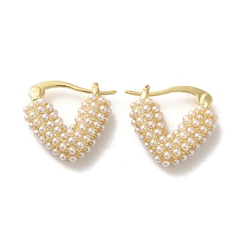 Brass Hoop Earrings for Women, with ABS Plastic Imitation Pearl Beads, Heart, Real 18K Gold Plated, 17x5mm