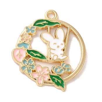 Alloy Enamel Pendants, Golden, Flat Round with Rabbit Charm, Colorful, 30x26x1.5mm, Hole: 2mm