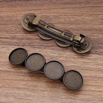 Iron Hair Barrette Findings, with Brass Flat Round Bezel Settings, Antique Bronze, 86x22mm, Tray: 20mm
