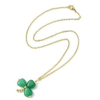 Saint Patrick's Day Clover Natural Malaysia Jade Pendant Necklace with 304 Stainless Steel Chains, 17.56 inch(44.6cm)