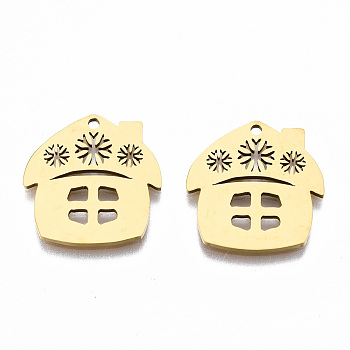 201 Stainless Steel Pendants, Laser Cut, Christmas Cabin with Snowflake, Golden, 18x17.5x1mm, Hole: 1.4mm