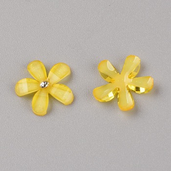 Resin Cabochons, with Rhinestone, DIY Accessories, Flower, Yellow, 16x16x3mm