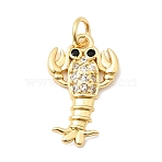 Brass Micro Pave Clear Cubic Zirconia Pendants, Cadmium Free & Lead Free, Long-Lasting Plated, Rack Plating, Shrimp Charms, Real 18K Gold Plated, Black, 19x11.5x2.5mm, Hole: 3.3mm(KK-Z160-15G-01)