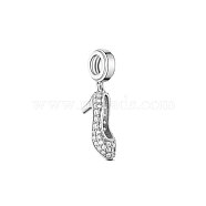 TINYSAND Sparkling High Heels Rhodium Plated 925 Sterling Silver European Dangle Charms, Large Hole Pendants, with Cubic Zirconia, Platinum, 24.93x5.06x7.78mm, Hole: 4.45mm(TS-P-037)