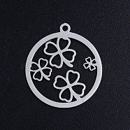 201 Stainless Steel Pendants, Circle with Clover, Stainless Steel Color, 22.5x20x1mm, Hole: 1.5mm(STAS-S105-JN385-1)
