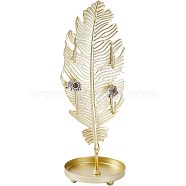 Iron Earring Display Stands with Round Tray, Earring Organizer Holder Ornament, Golden, Feather Pattern, 7x6.6x18.5cm(EDIS-WH0016-018A)