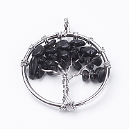 Natural Black Agate Pendants, with Brass Findings, Flat Round with Tree of Life, Dyed, Platinum, 29x5~7mm, Hole: 4.5mm(G-E419-22P)