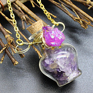 Natural Amethyst Chips Perfume Bottle Necklace, Glass Pendant Necklace with Alloy Chains for Women, 19.69 inch(50cm)(BOTT-PW0008-01O)
