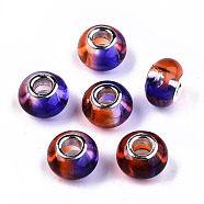 Transparent Two Tone Resin European Beads, Large Hole Beads, with Silver Tone Brass Double Cores, Rondelle, Mauve, 14x9.5mm, Hole: 5mm(RPDL-T003-002E)